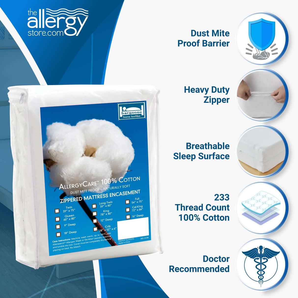 AllergyCare™ Cotton Zippered Mattress Encasement | Dust Mite Proof | Bargoose