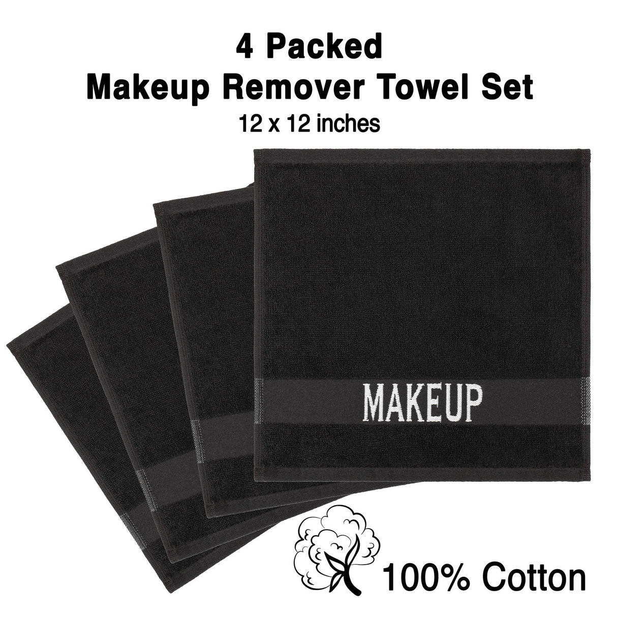 American Soft Linen, Makeup Remover Face Cloth, 100% Cotton Makeup Towels, 4 Packed Face Towels, 12x12 inches, Black