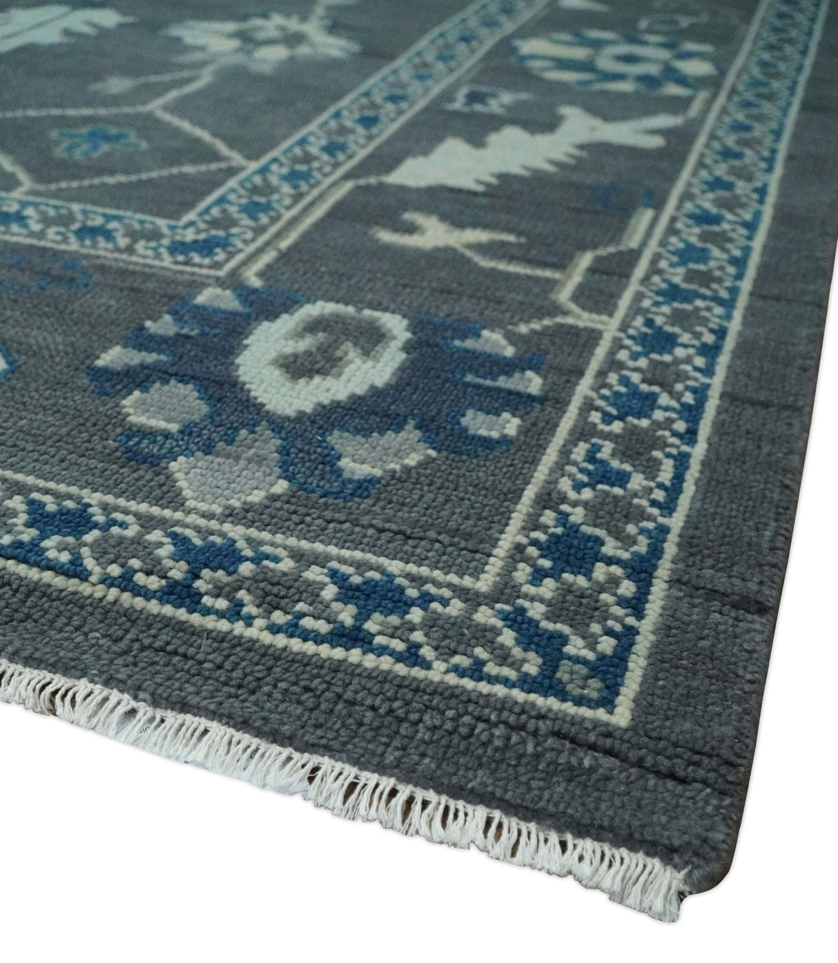 Antique Hand Knotted Oushak Charcoal and Blue Traditional Area Rug