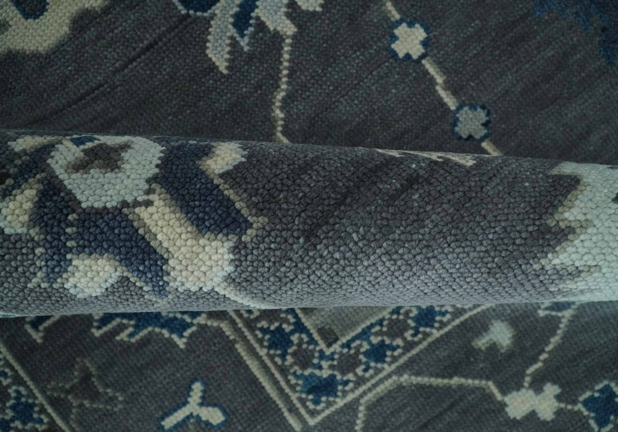 Antique Hand Knotted Oushak Charcoal and Blue Traditional Area Rug