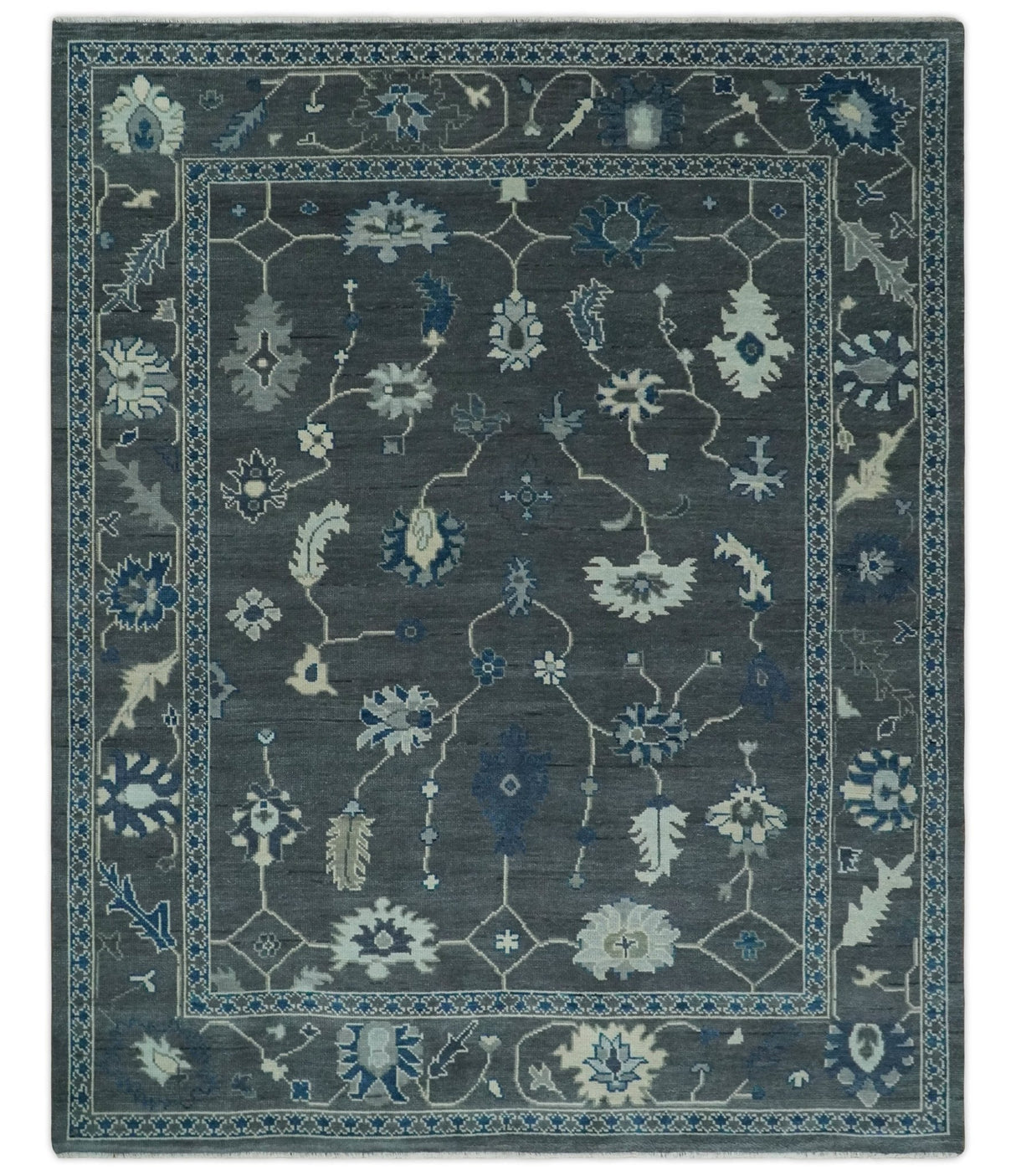 Antique Hand Knotted Oushak Charcoal and Blue Traditional Area Rug