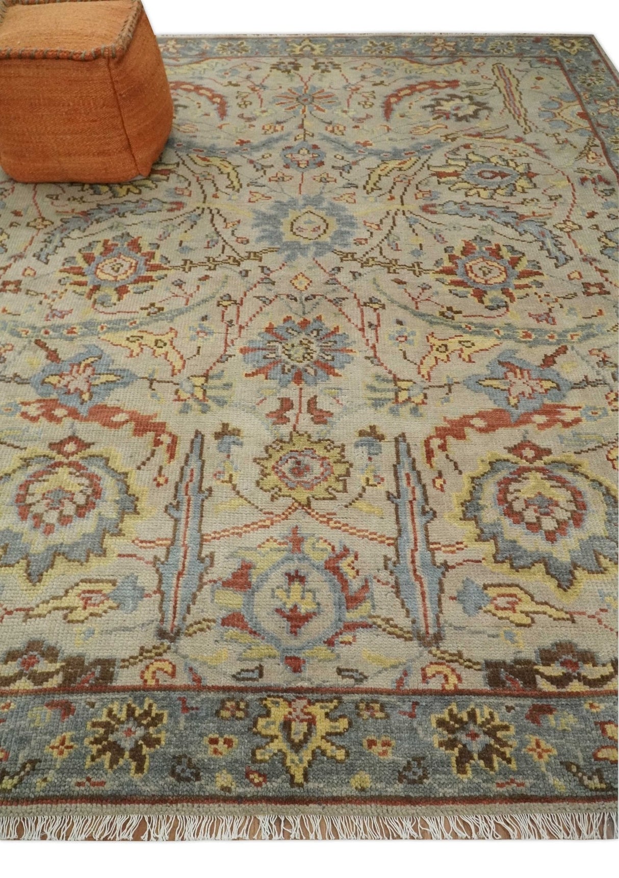Custom Made Antique look Beige, Rust and Blue Traditional Vintage Style Hand Knotted Wool Area Rug