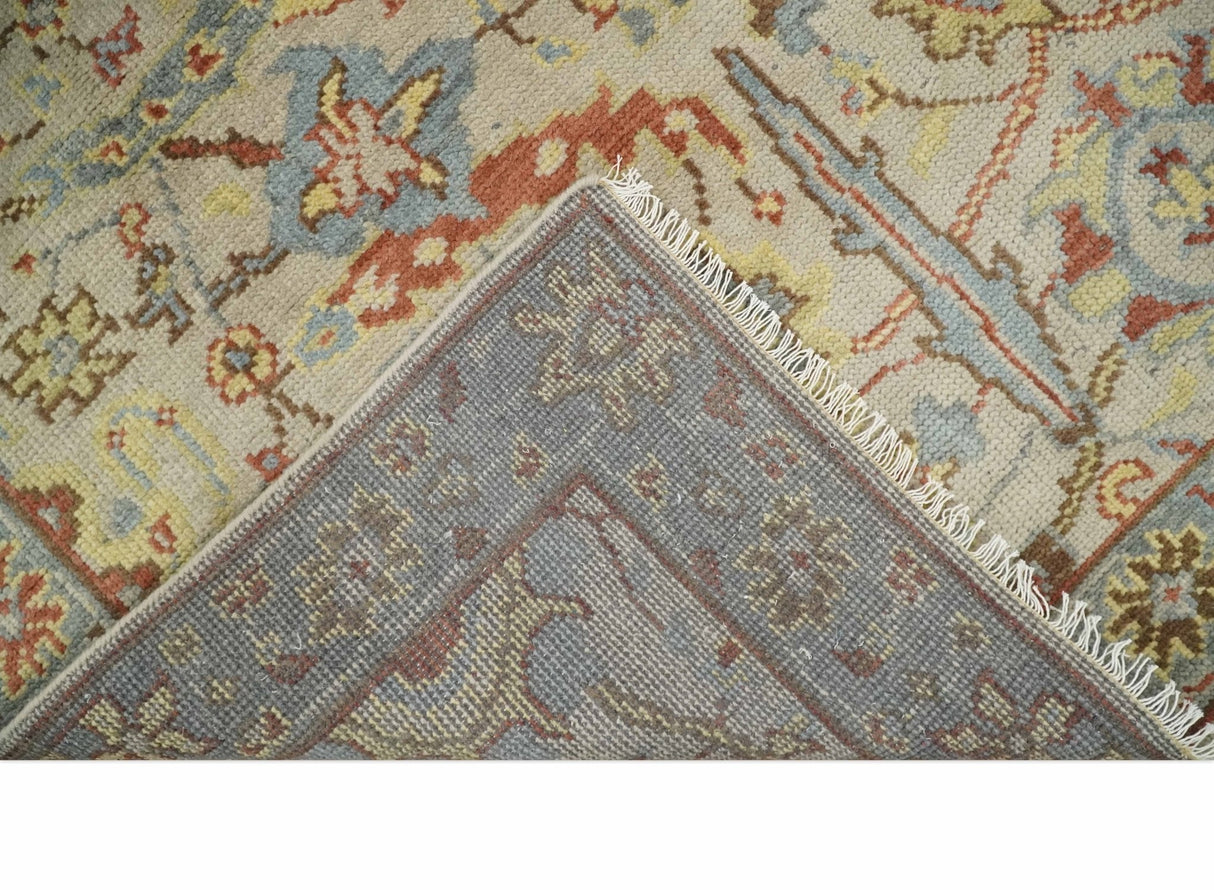 Custom Made Antique look Beige, Rust and Blue Traditional Vintage Style Hand Knotted Wool Area Rug