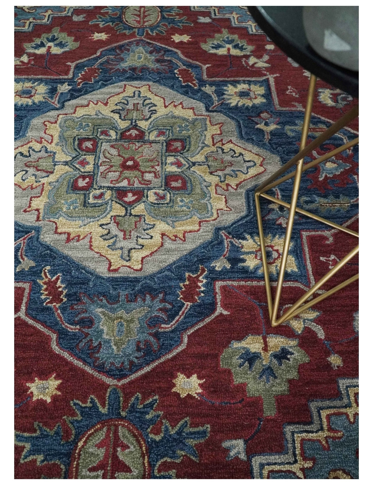 Antique look Maroon and Blue Hand Tufted Traditional Heriz Medallion Multi Size wool Area Rug