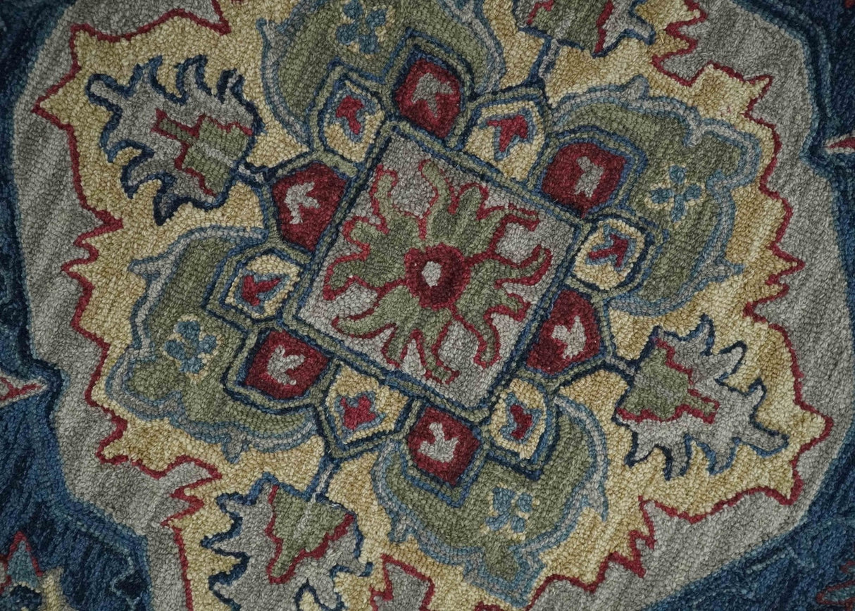 Antique look Maroon and Blue Hand Tufted Traditional Heriz Medallion Multi Size wool Area Rug