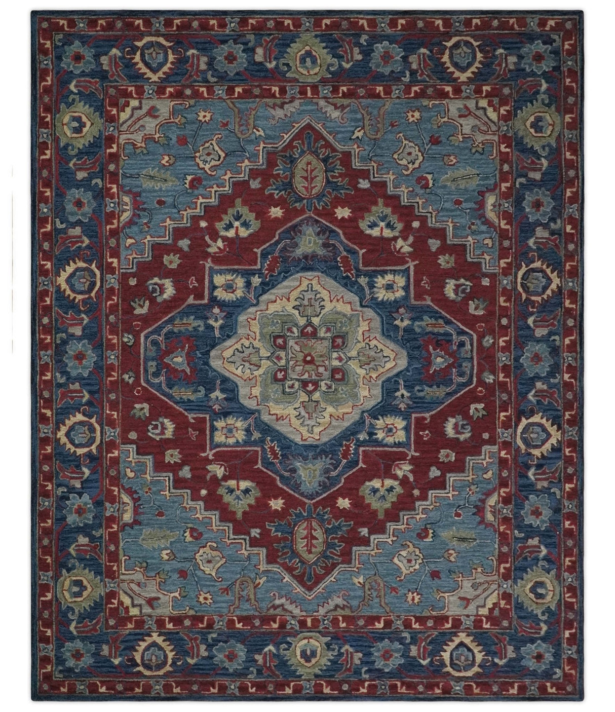 Antique look Maroon and Blue Hand Tufted Traditional Heriz Medallion Multi Size wool Area Rug