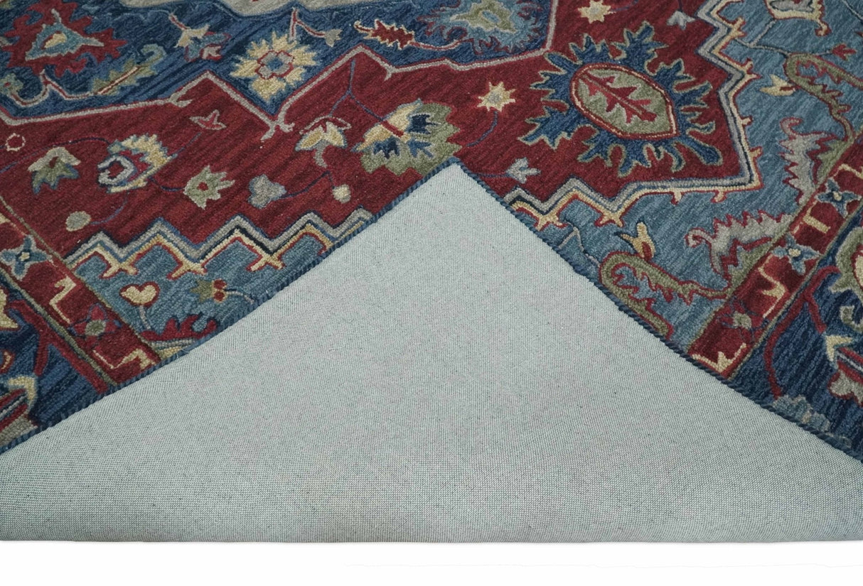 Antique look Maroon and Blue Hand Tufted Traditional Heriz Medallion Multi Size wool Area Rug