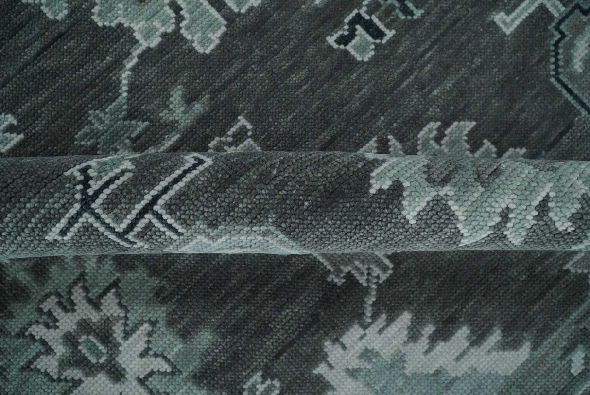 Antique Hand Knotted Charcoal and Ivory Traditional Oushak Wool Area Rug