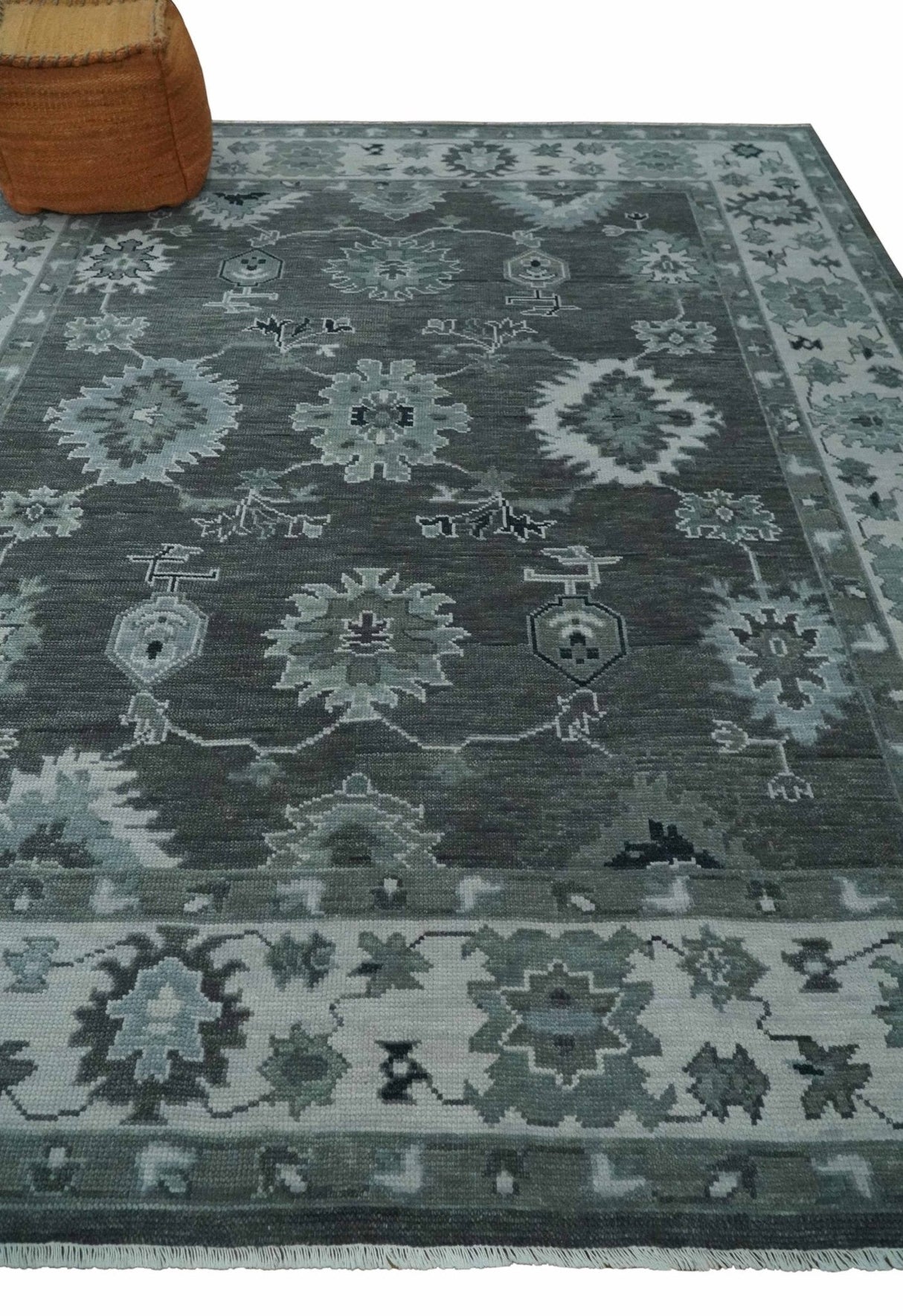 Antique Hand Knotted Charcoal and Ivory Traditional Oushak Wool Area Rug