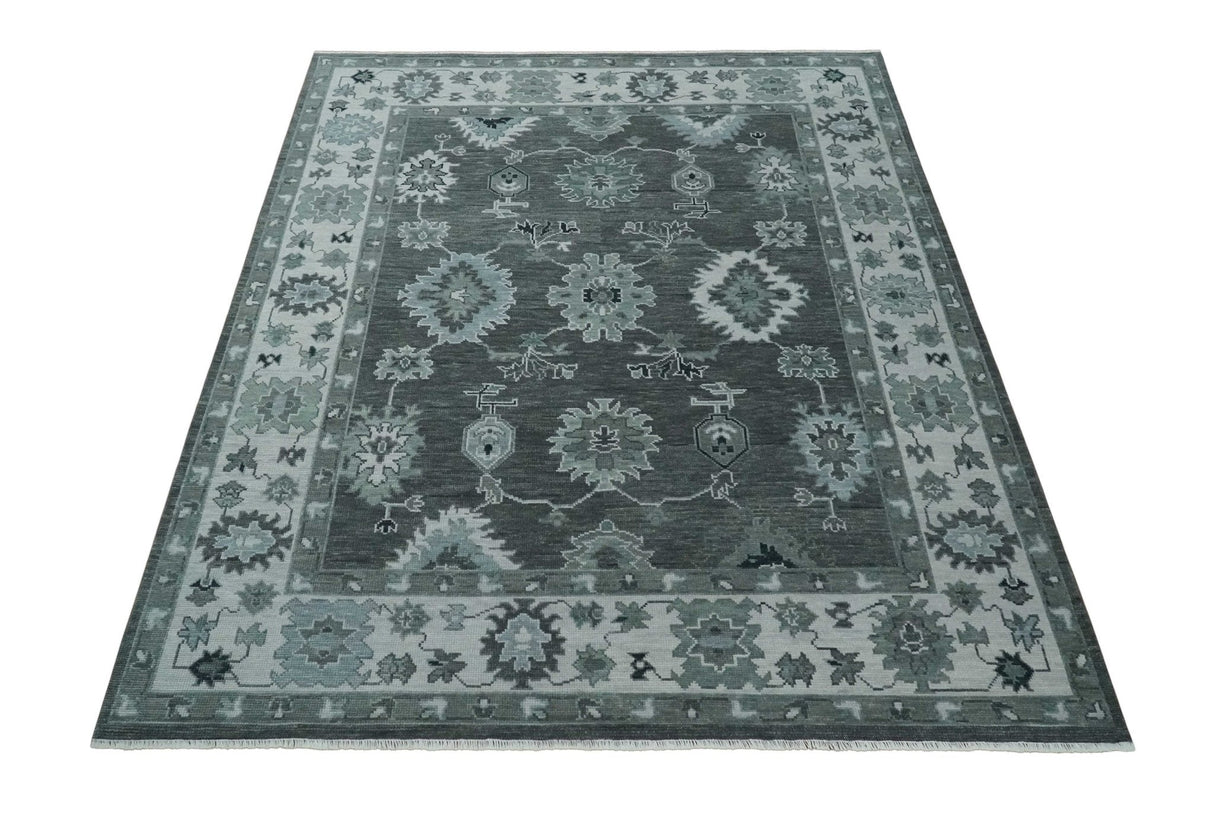 Antique Hand Knotted Charcoal and Ivory Traditional Oushak Wool Area Rug