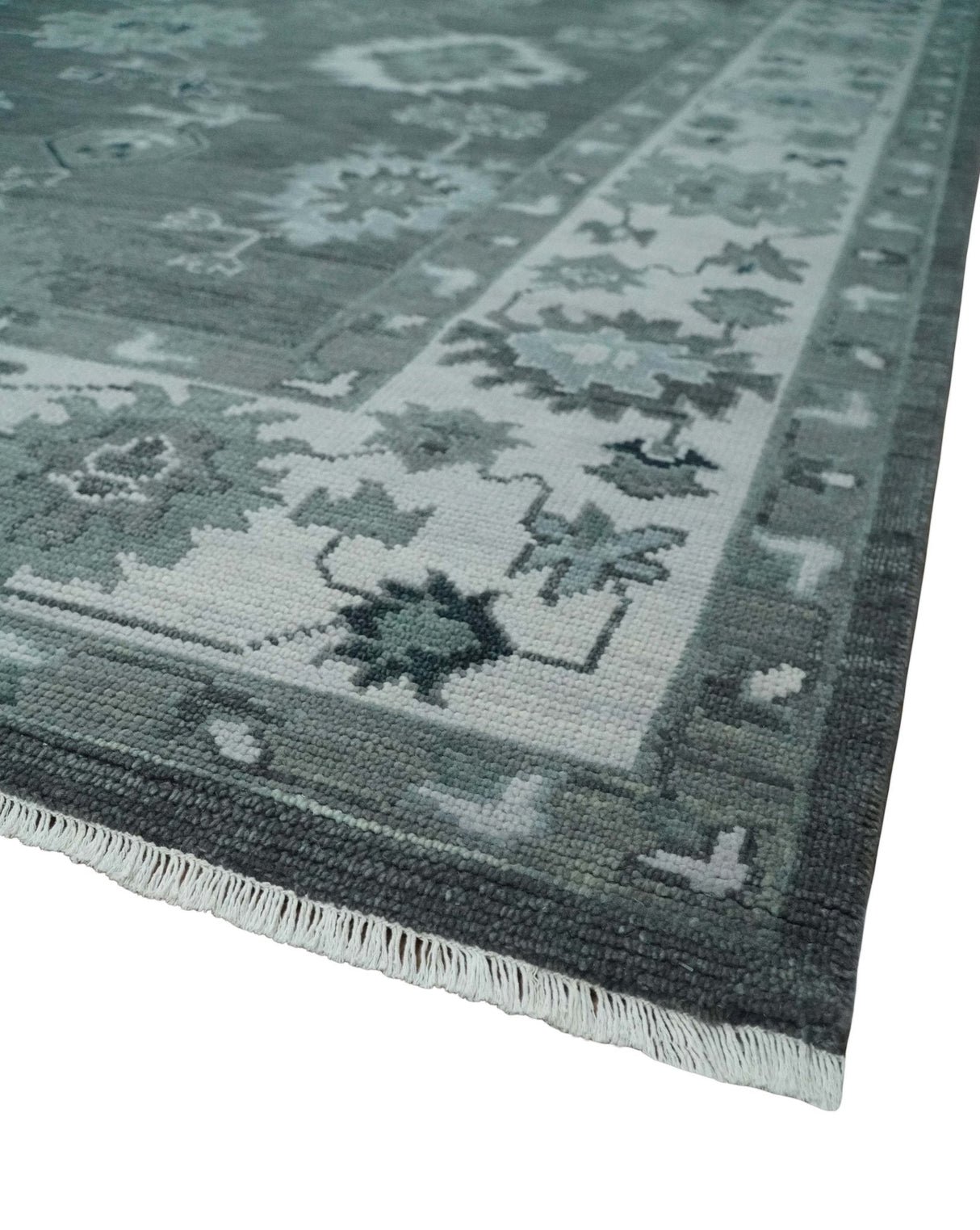 Antique Hand Knotted Charcoal and Ivory Traditional Oushak Wool Area Rug