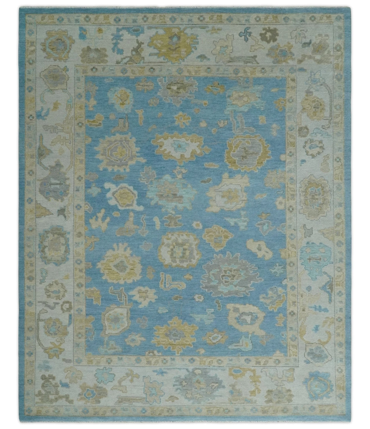 Blue, Silver and Brown Hand Knotted Traditional Oushak wool Rug