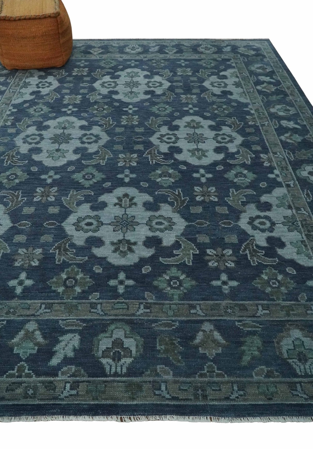 Antique Blue and Silver Traditional Hand Knotted Vintage Oushak Wool Rug, Living Room Rug
