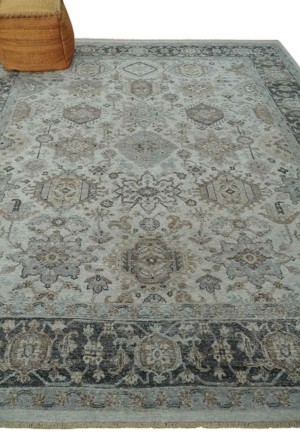 Antique Distressed finished Look Ivory, Charcoal and Beige Custom Made wool Area Rug