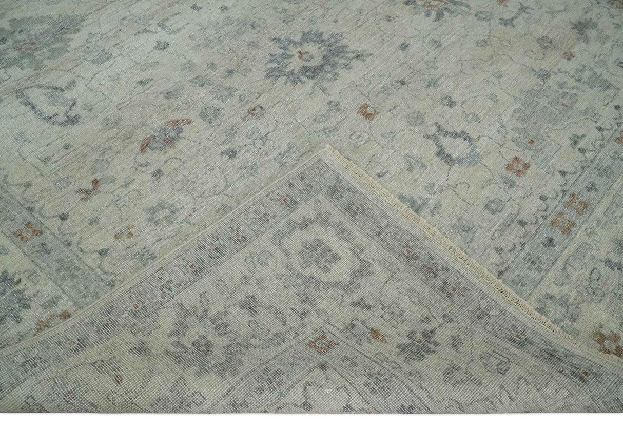 Antique Distressed look Beige and Charcoal Low Pile Multi Size Oushak wool Area Rug