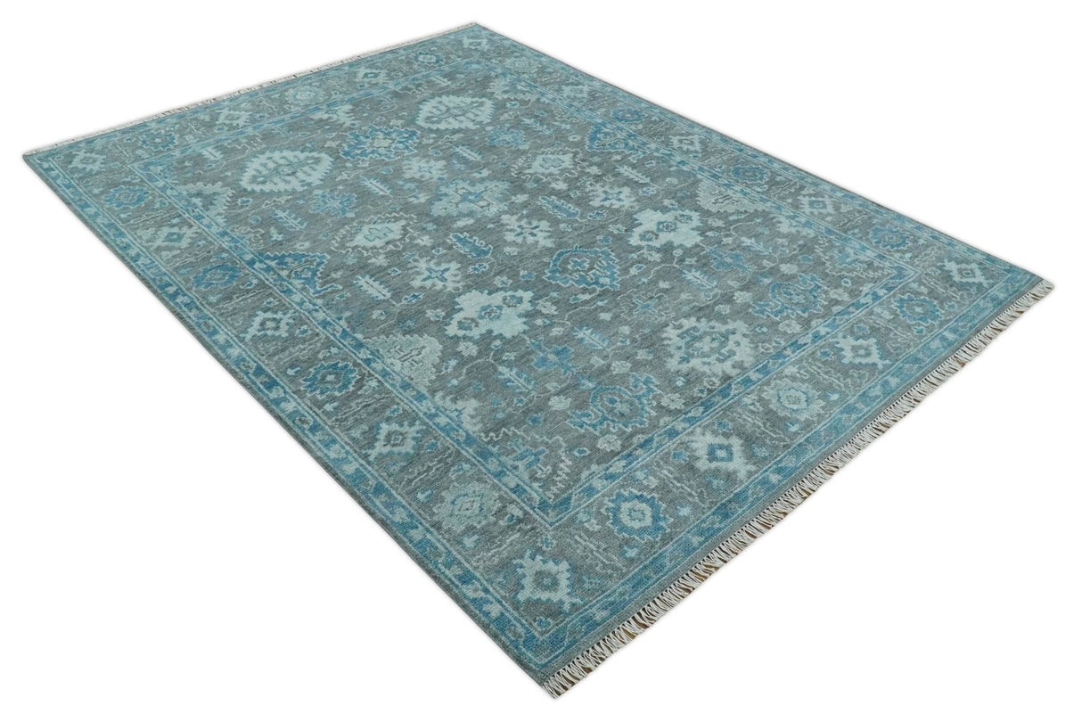 Antique Gray and Blue Hand Knotted 8x10 Oushak Turkish Wool Area Rug