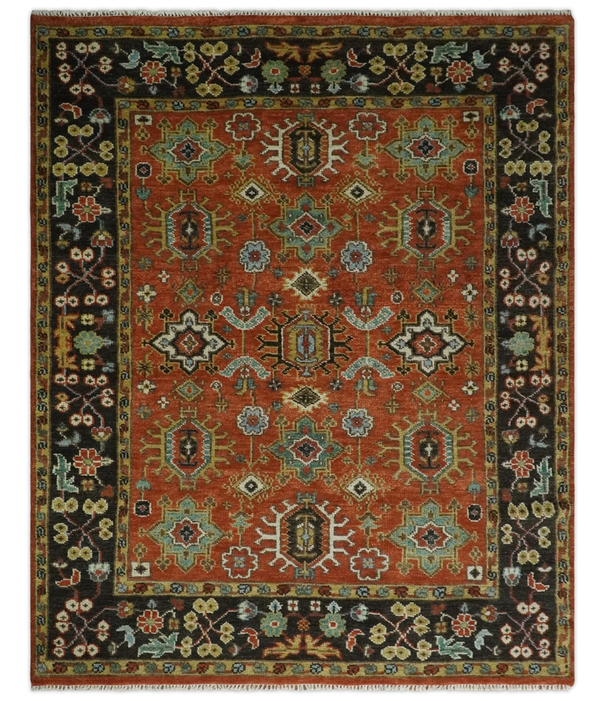 Custom Made Hand Knotted Rust and Black Traditional Wool Rug