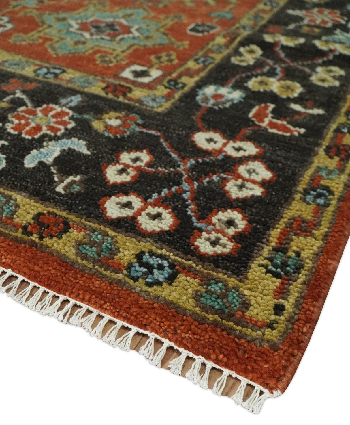 Custom Made Hand Knotted Rust and Black Traditional Wool Rug