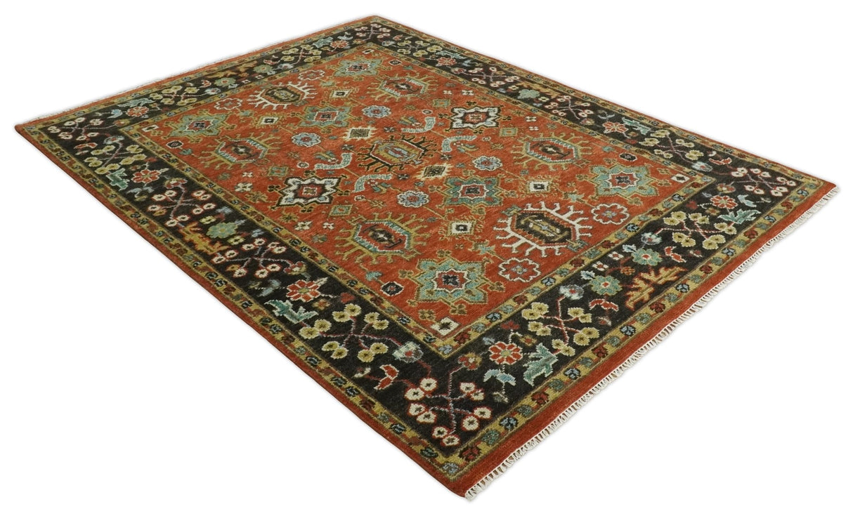 Custom Made Hand Knotted Rust and Black Traditional Wool Rug
