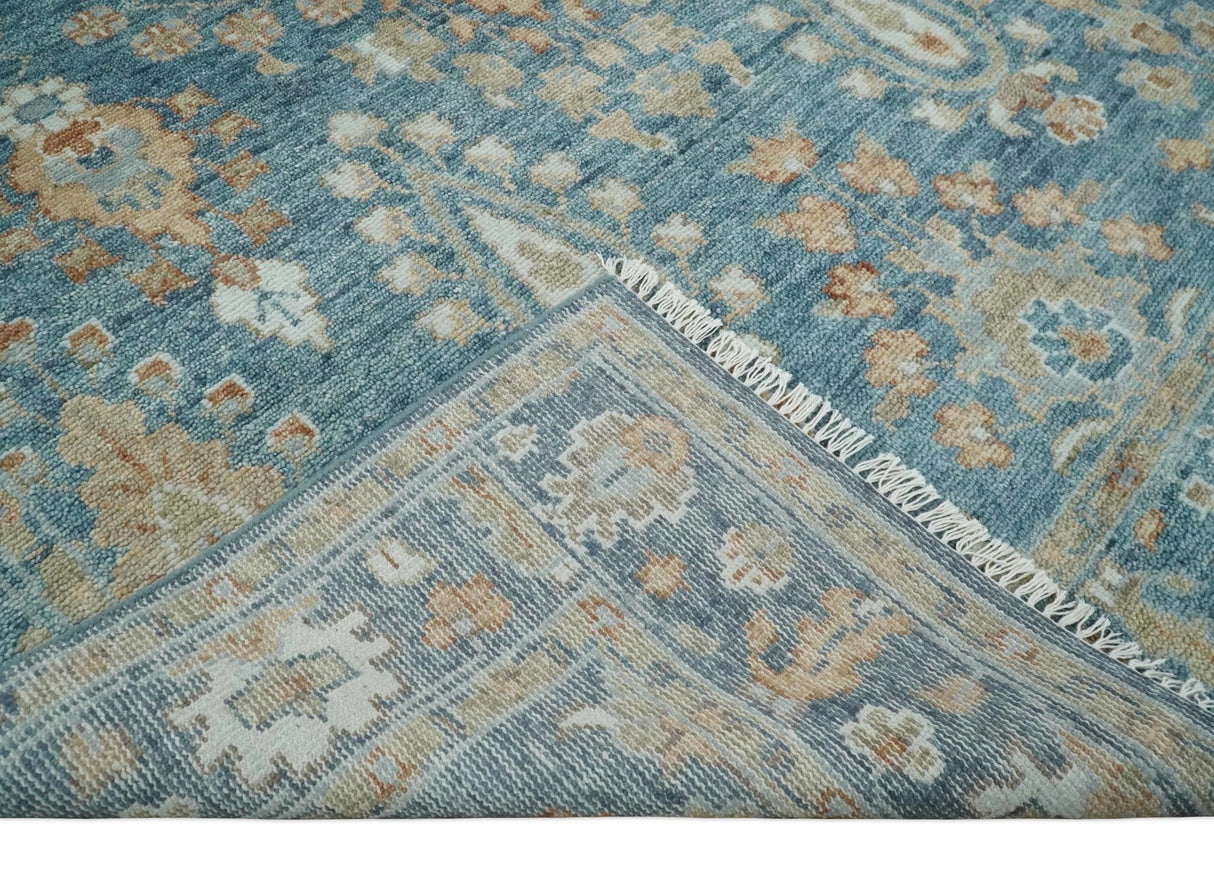 Custom Made Antique Hand Knotted Blue and Beige Traditional Oushak Wool Area Rug