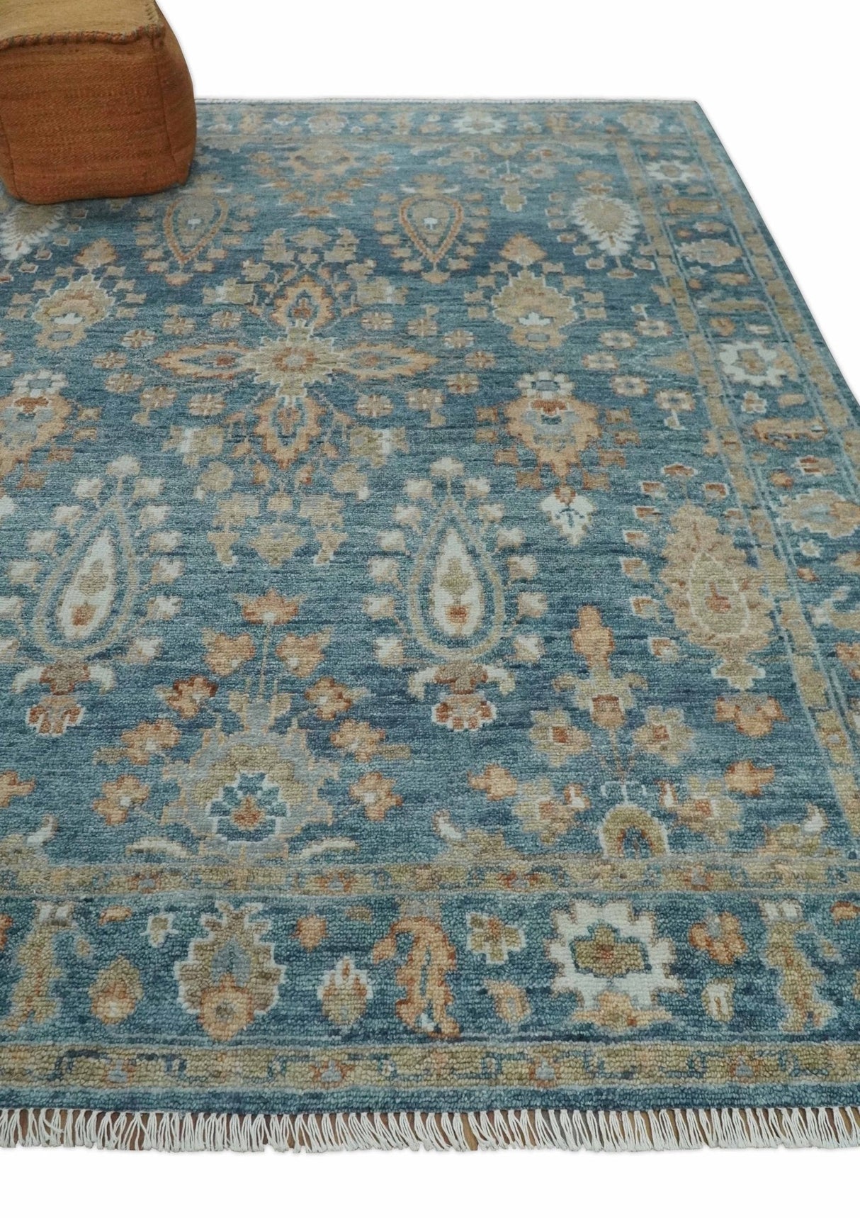 Custom Made Antique Hand Knotted Blue and Beige Traditional Oushak Wool Area Rug