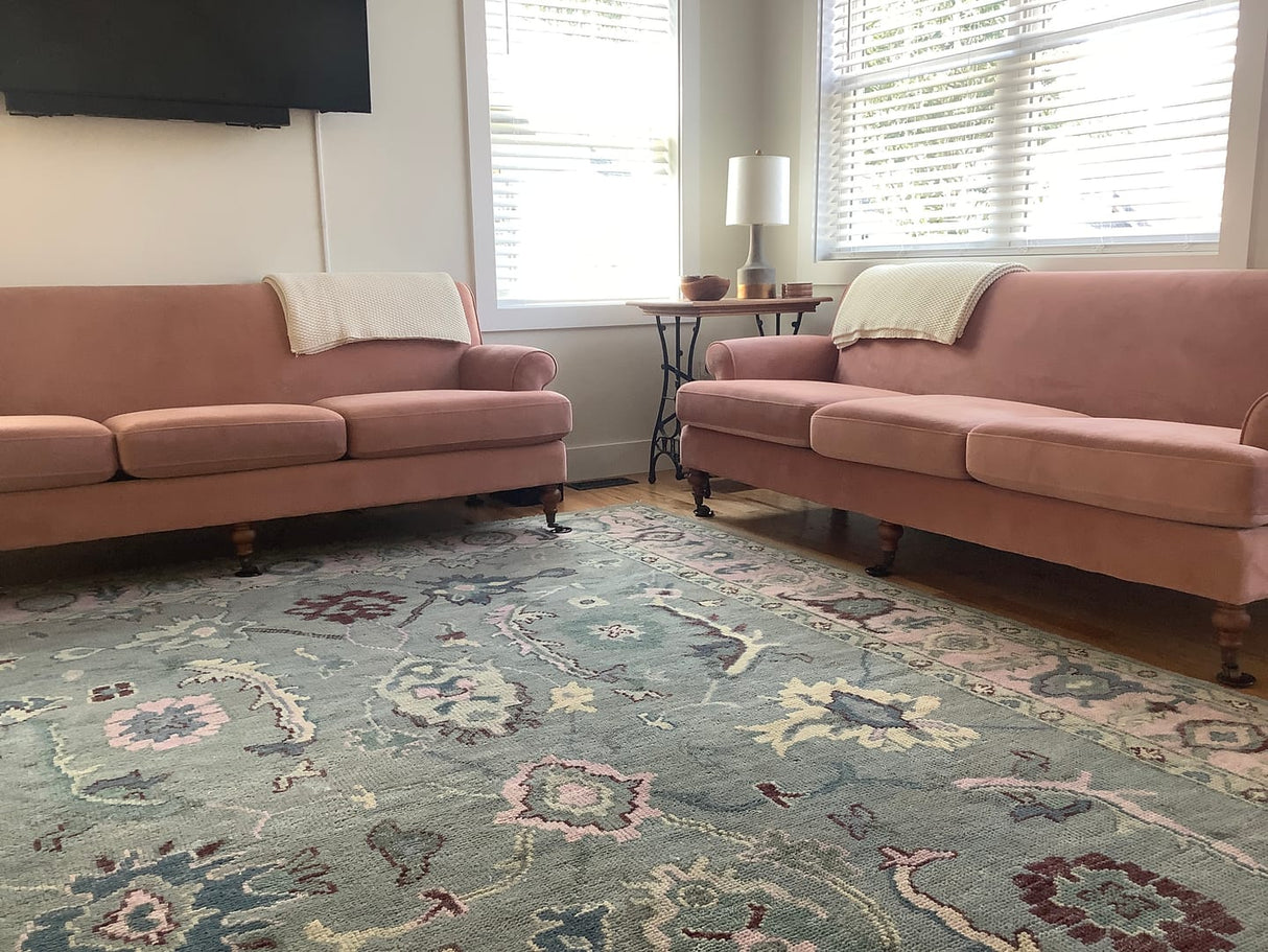 Antique Hand Knotted Green and Pink Traditional Oushak Multi Size Wool Area Rug