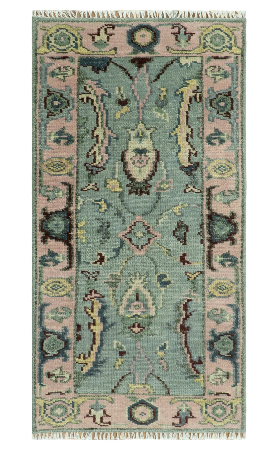 Antique Hand Knotted Green and Pink Traditional Oushak Multi Size Wool Area Rug