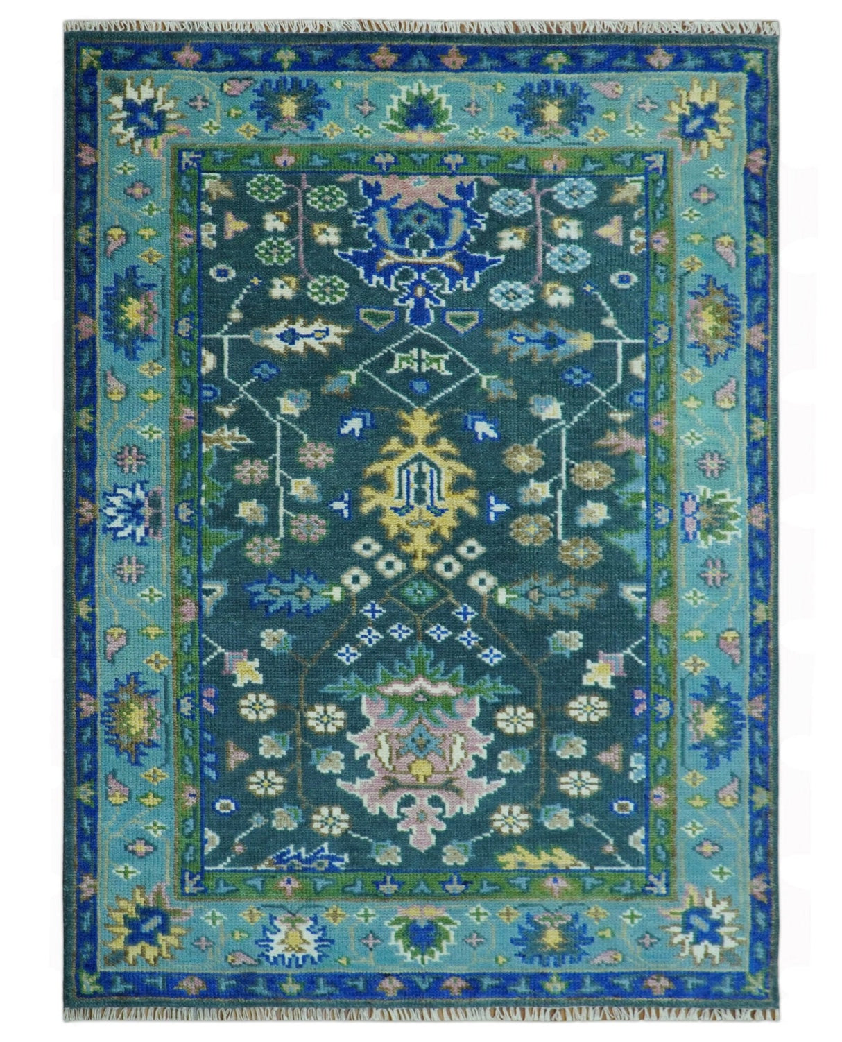 Antique Hand Knotted Green Moss and Blue Traditional Turkish Vintage Oushak Custom Made Wool Area Rug