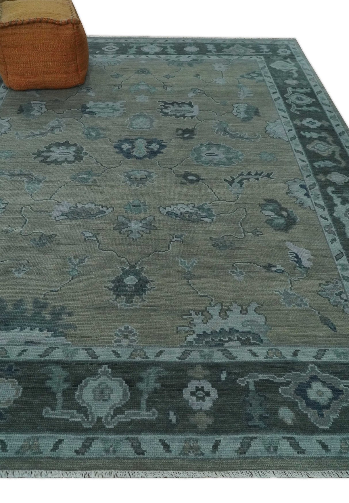 Antique Hand Knotted Beige, Charcoal and Silver Traditional Oushak wool Area Rug