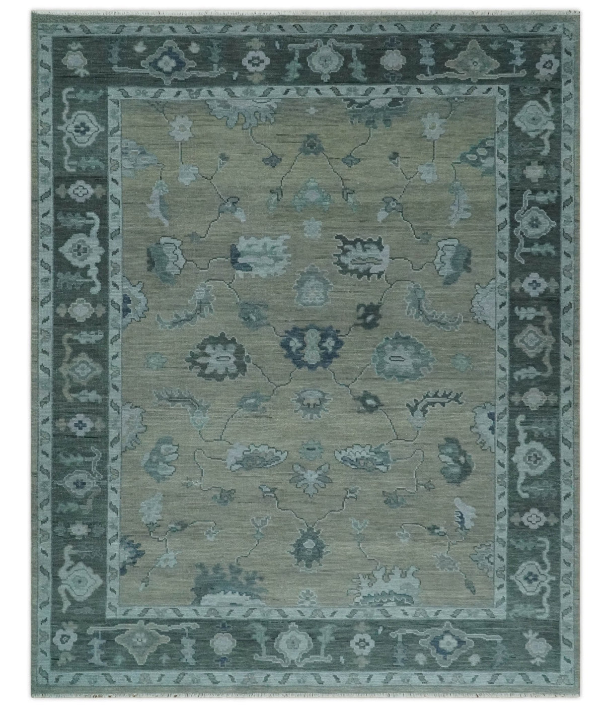 Antique Hand Knotted Beige, Charcoal and Silver Traditional Oushak wool Area Rug