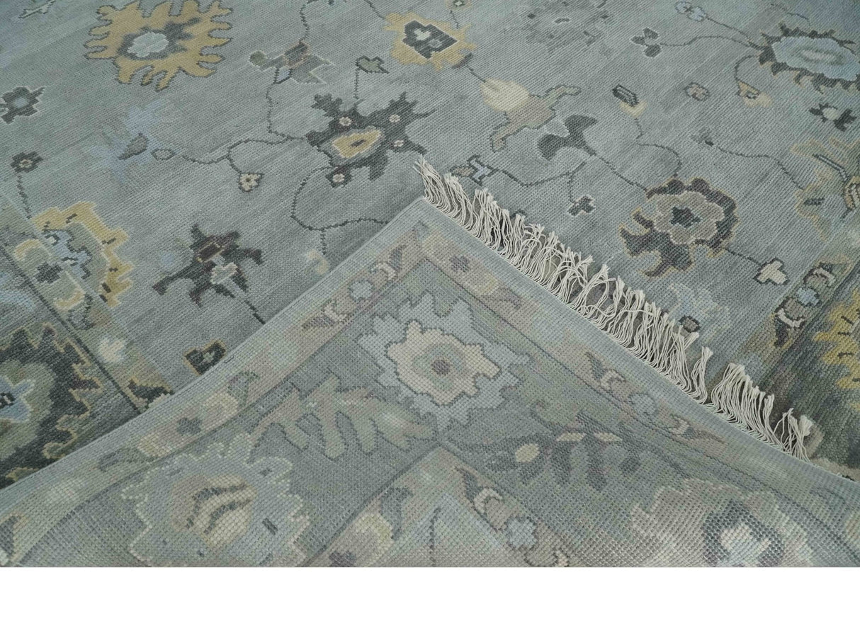 Antique Hand Knotted Silver and Charcoal Traditional Floral Oushak Wool Area Rug
