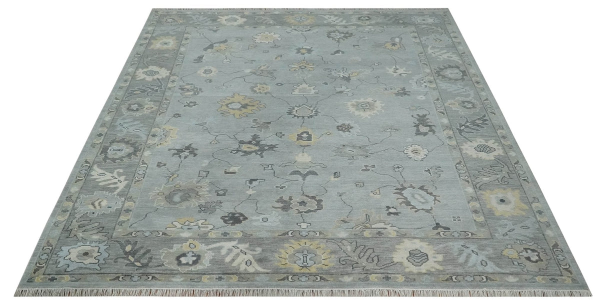Antique Hand Knotted Silver and Charcoal Traditional Floral Oushak Wool Area Rug