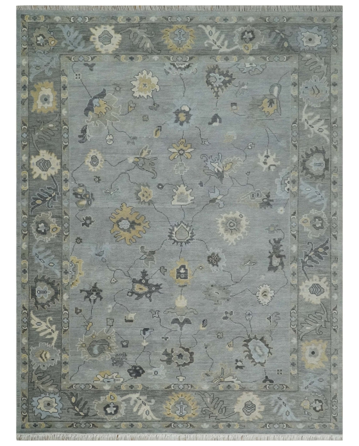 Antique Hand Knotted Silver and Charcoal Traditional Floral Oushak Wool Area Rug