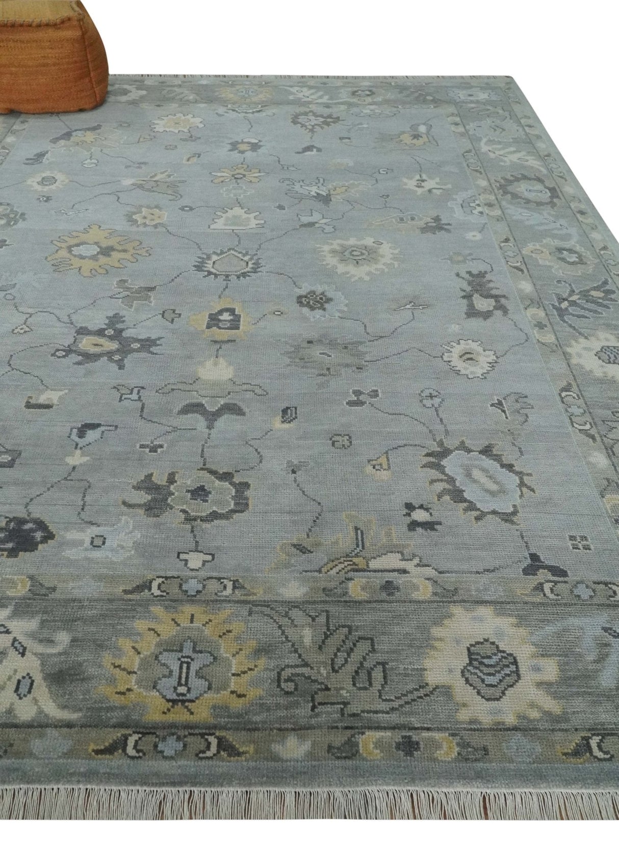 Antique Hand Knotted Silver and Charcoal Traditional Floral Oushak Wool Area Rug