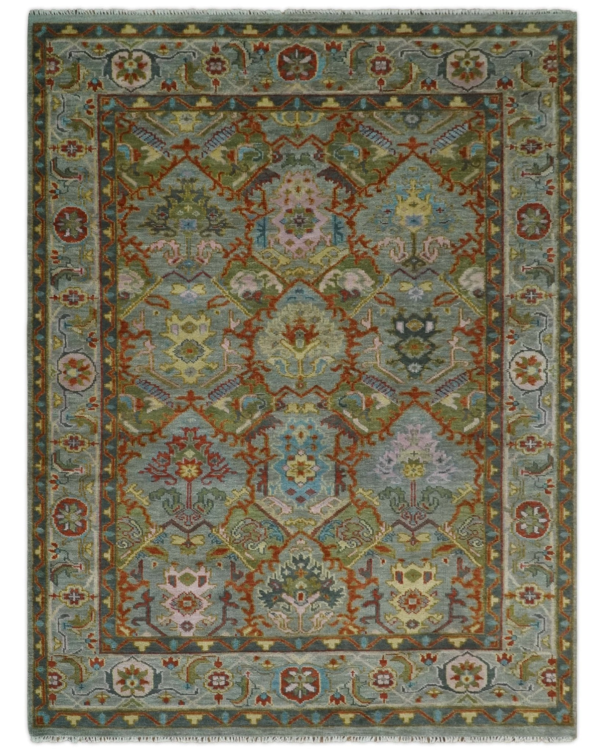 Antique Moss All Wool Traditional Persian Silver, Rust and Green Hand knotted Oushak Area Rug