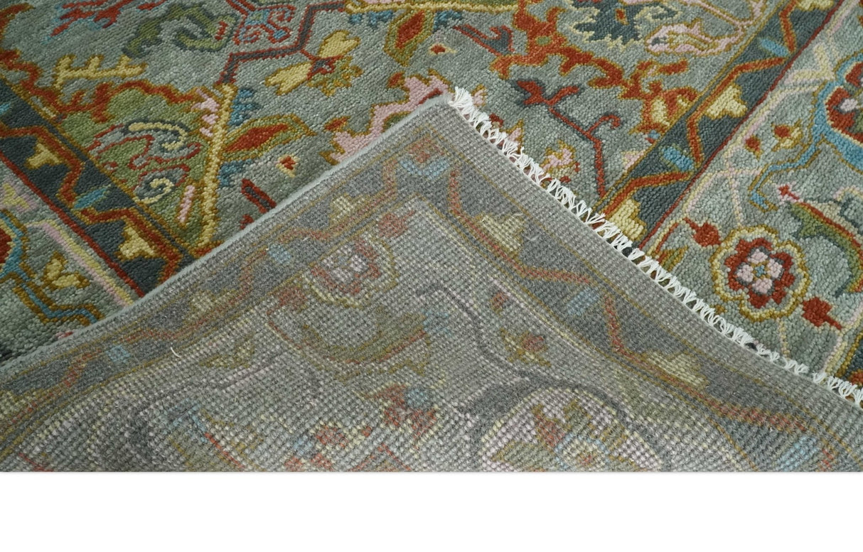 Antique Moss All Wool Traditional Persian Silver, Rust and Green Hand knotted Oushak Area Rug