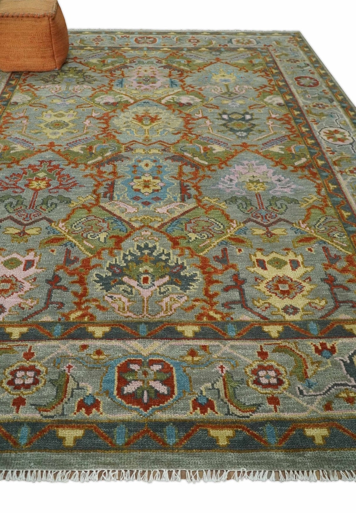 Antique Moss All Wool Traditional Persian Silver, Rust and Green Hand knotted Oushak Area Rug