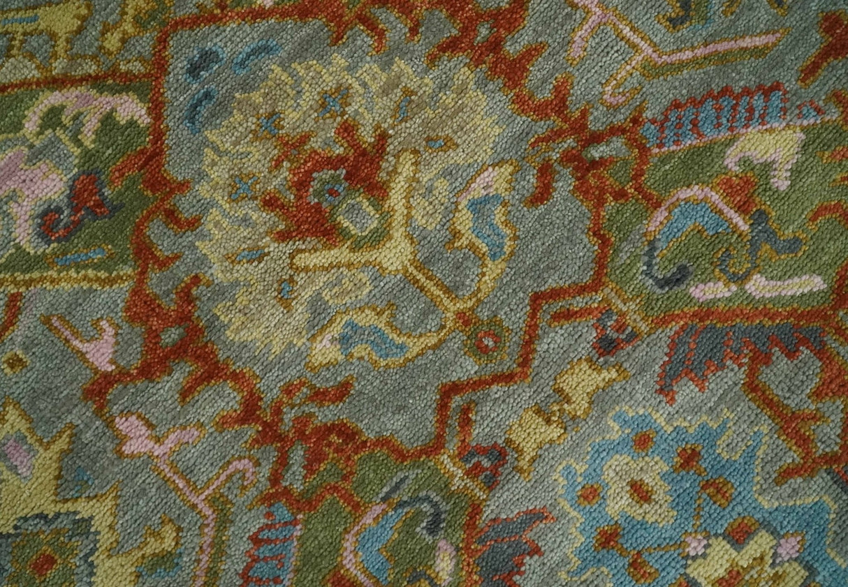 Antique Moss All Wool Traditional Persian Silver, Rust and Green Hand knotted Oushak Area Rug