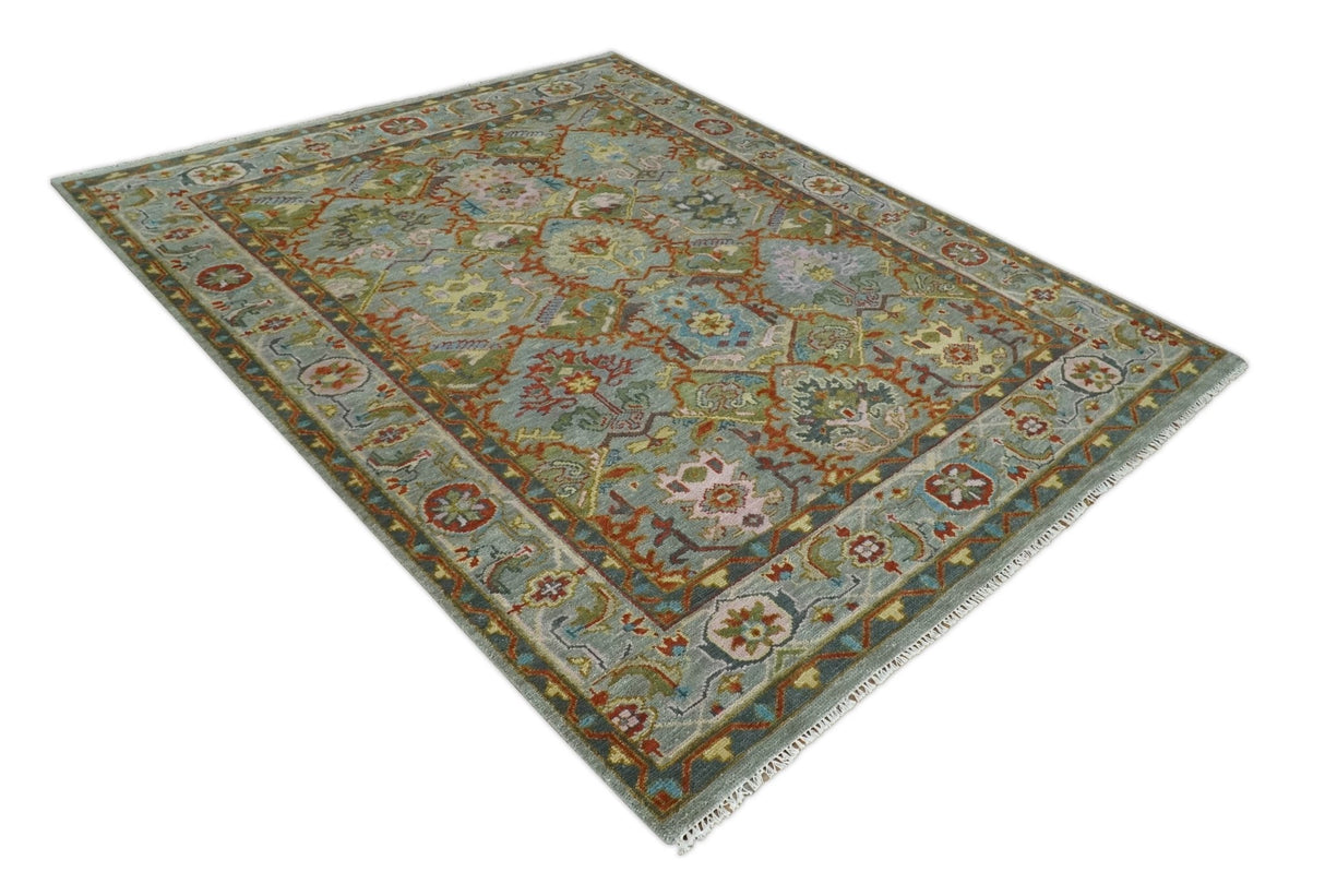 Antique Moss All Wool Traditional Persian Silver, Rust and Green Hand knotted Oushak Area Rug
