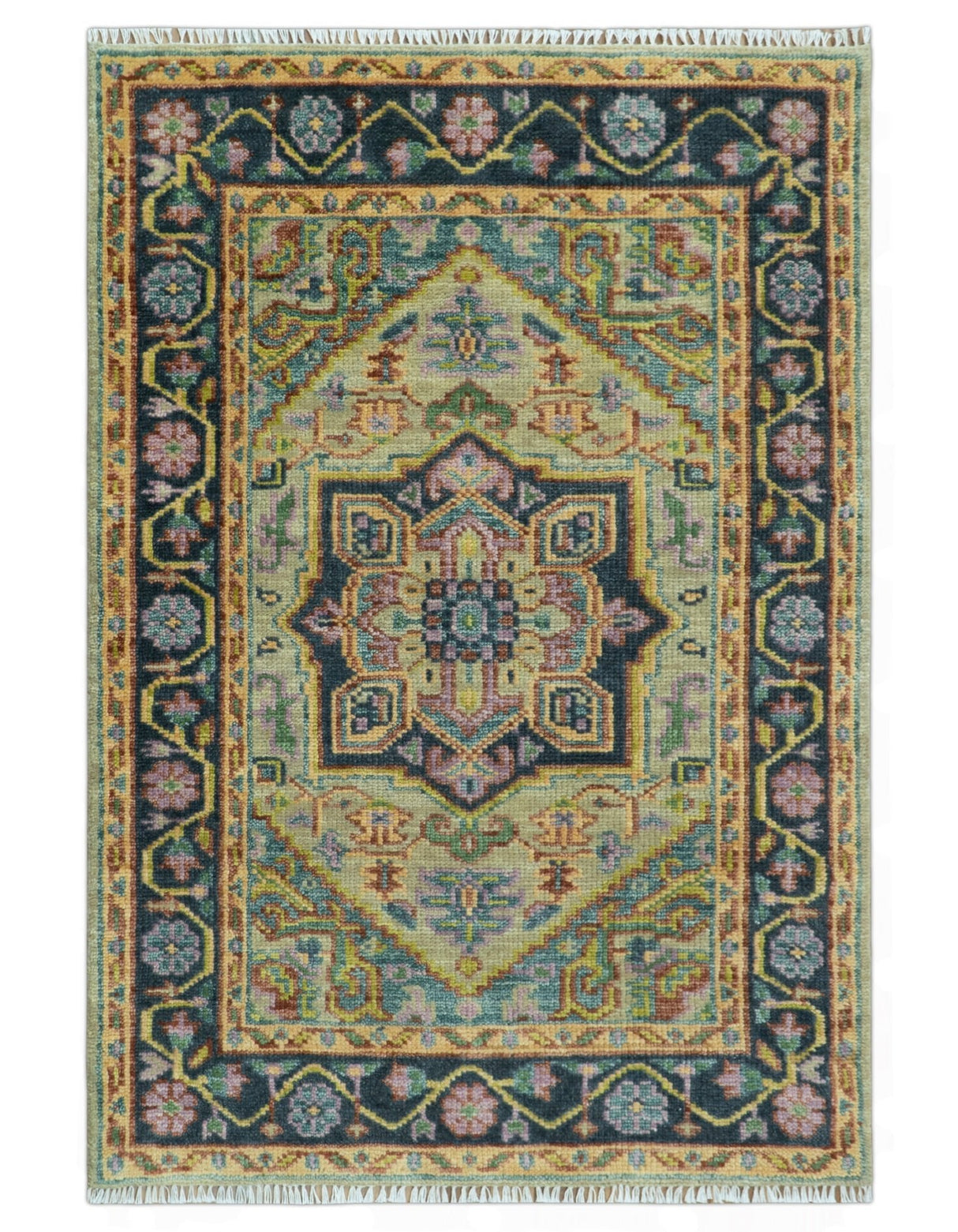 Antique Moss Green and Pink Traditional Multi Size Wool Area Rug