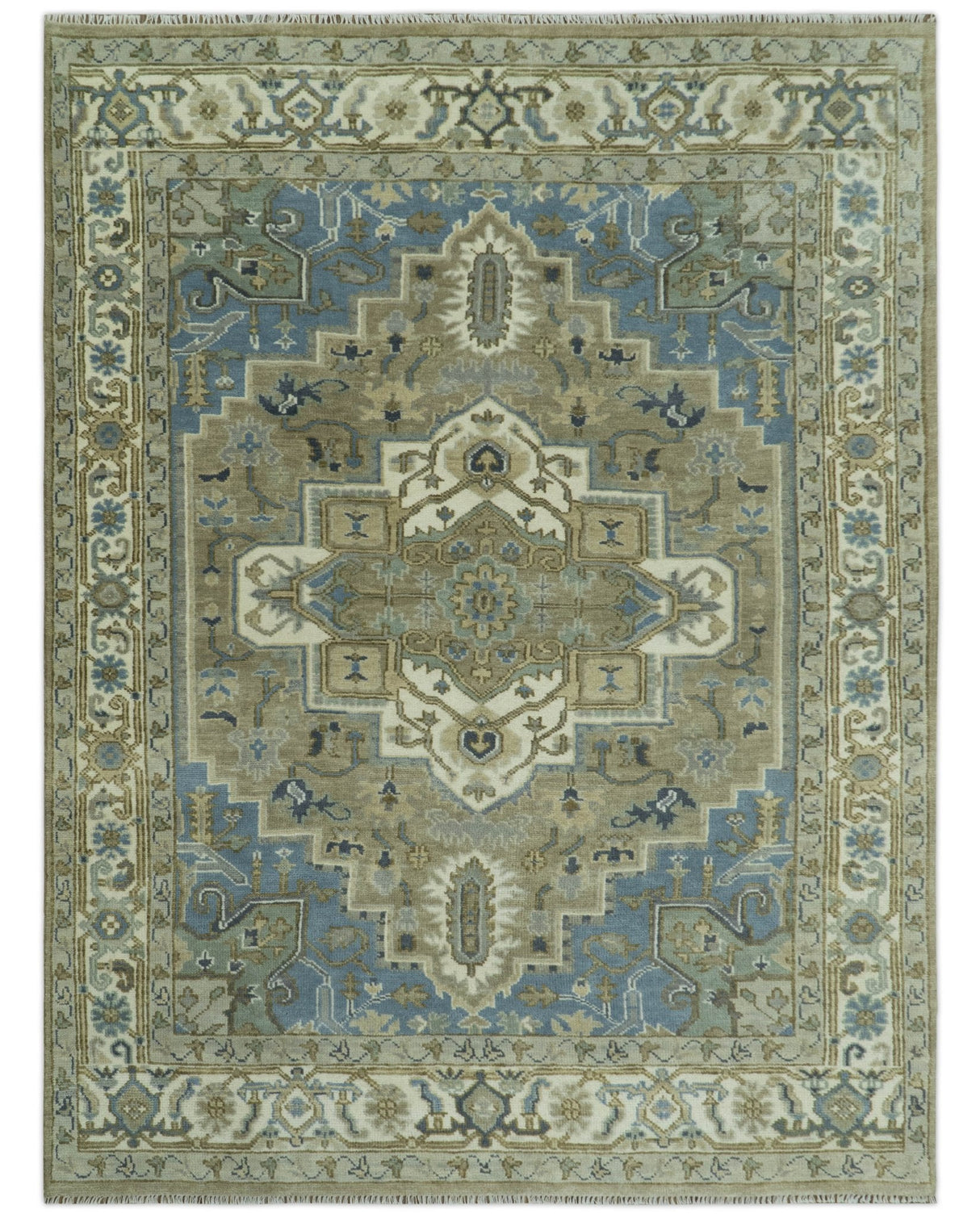Antique Olive, Blue and Ivory Heriz Serapi Multi Size Wool Area Rug