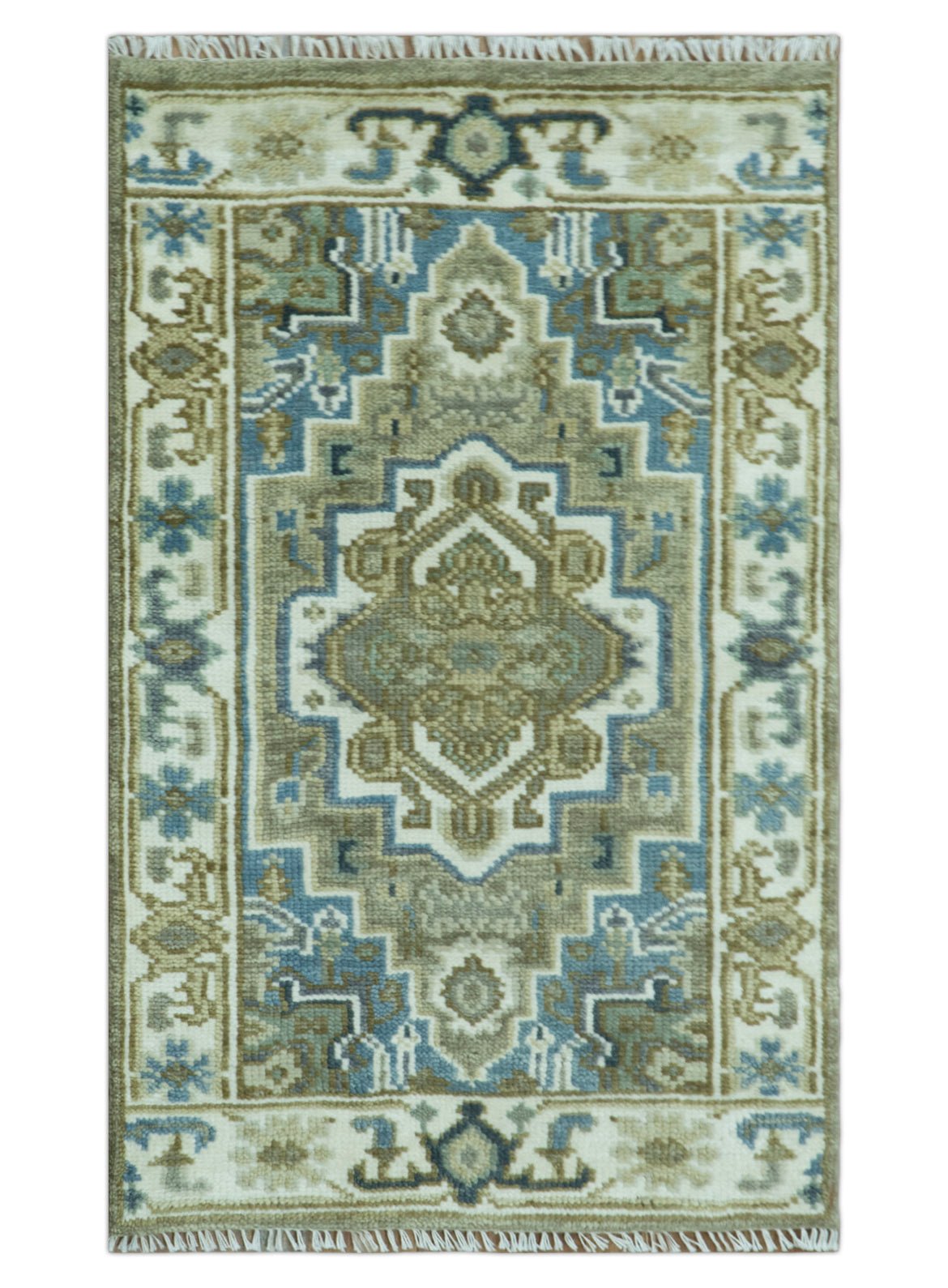 Antique Olive, Blue and Ivory Heriz Serapi Multi Size Wool Area Rug