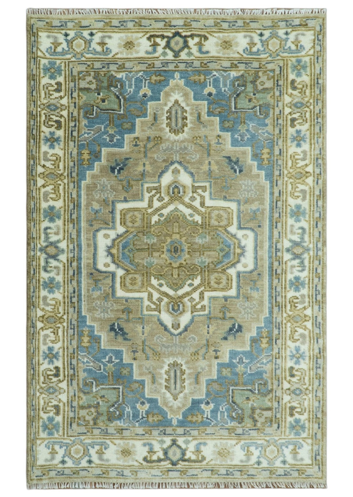 Antique Olive, Blue and Ivory Heriz Serapi Multi Size Wool Area Rug