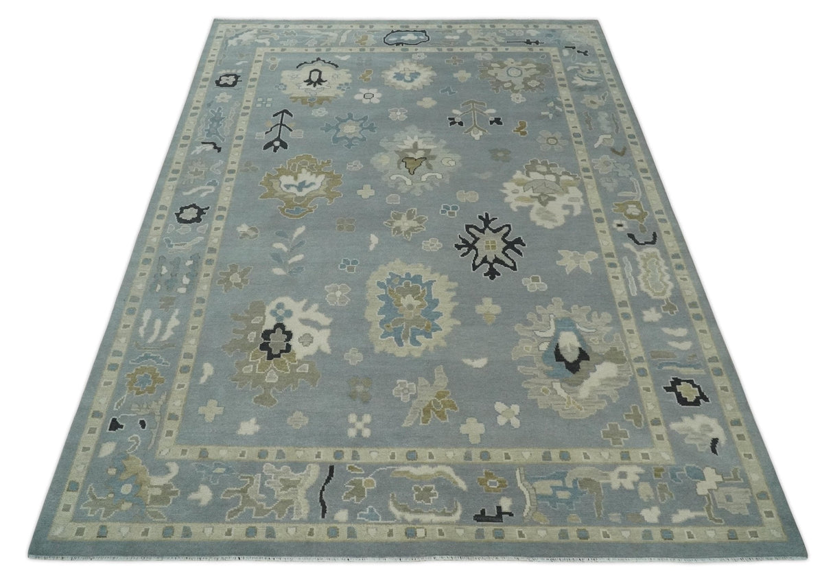 Custom Made Antique look Silver, Beige Hand Knotted Traditional Oushak Wool Area Rug