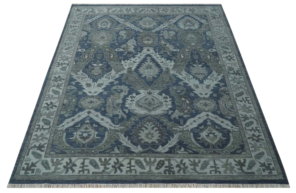 Antique style Blue, Charcoal and Silver Hand Knotted dragon Oushak Wool Area Rug