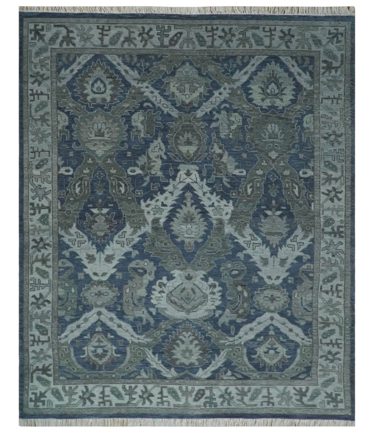 Antique style Blue, Charcoal and Silver Hand Knotted dragon Oushak Wool Area Rug