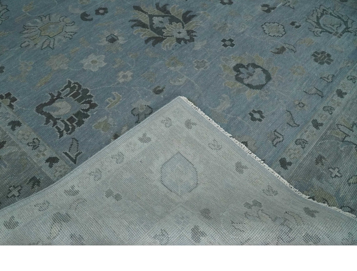 Antique style Blue, Silver and Charcoal Hand Knotted Oushak Wool Area Rug