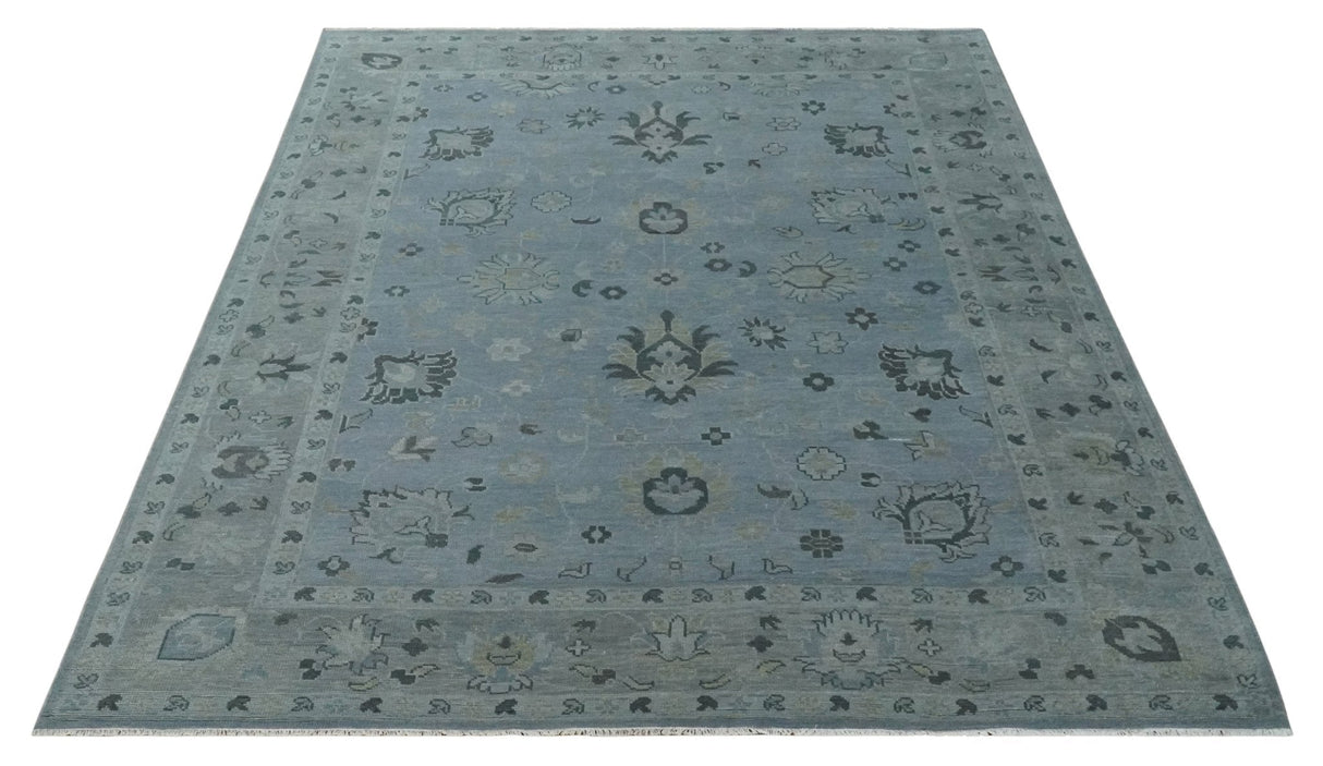 Antique style Blue, Silver and Charcoal Hand Knotted Oushak Wool Area Rug
