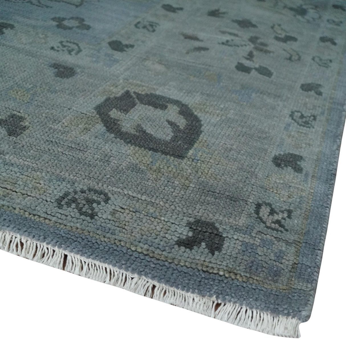 Antique style Blue, Silver and Charcoal Hand Knotted Oushak Wool Area Rug