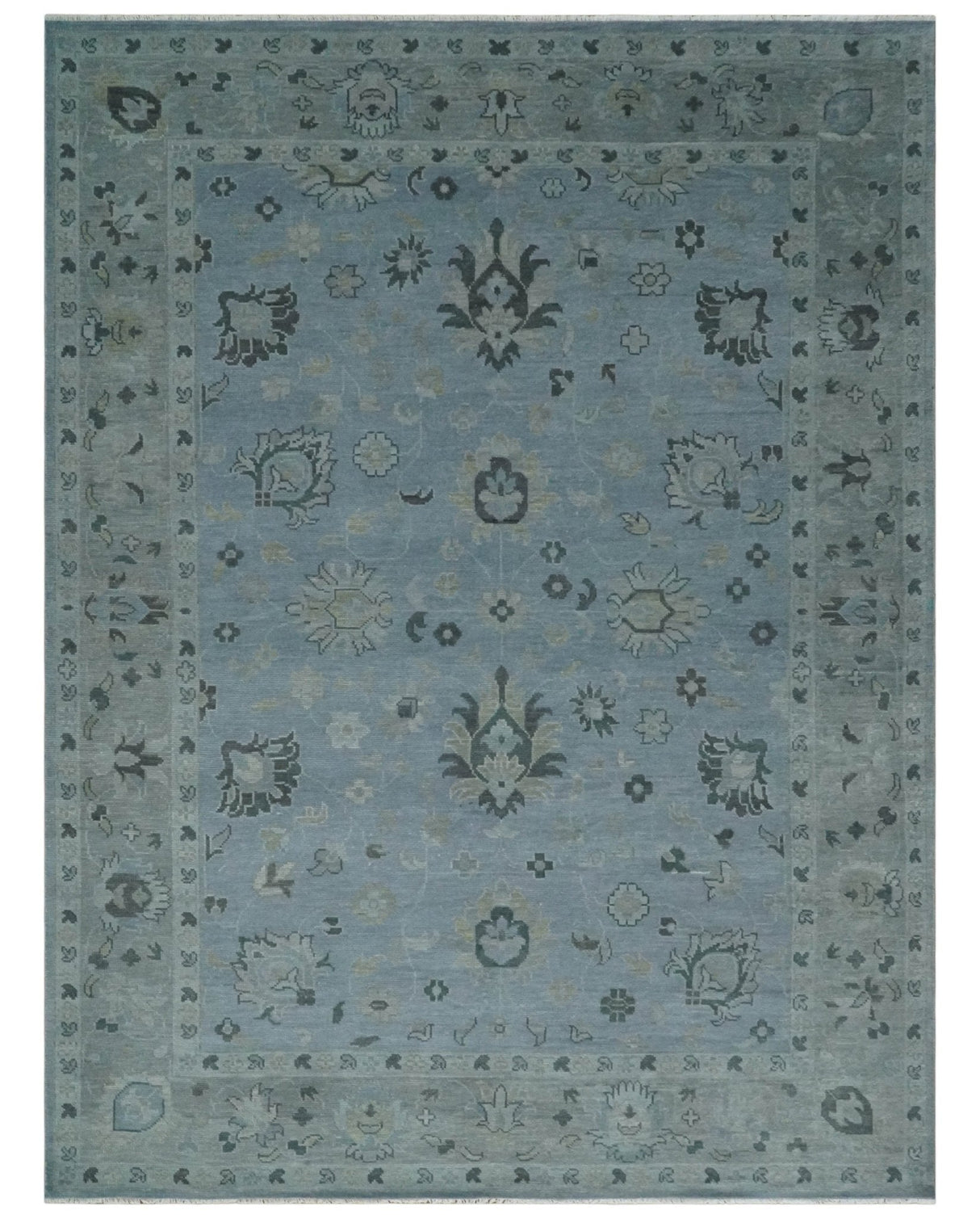 Antique style Blue, Silver and Charcoal Hand Knotted Oushak Wool Area Rug